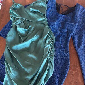 Women’s Dress Bundle – Blue Glitter Bodycon & Wild Fable Green Ruched Dress (S/M